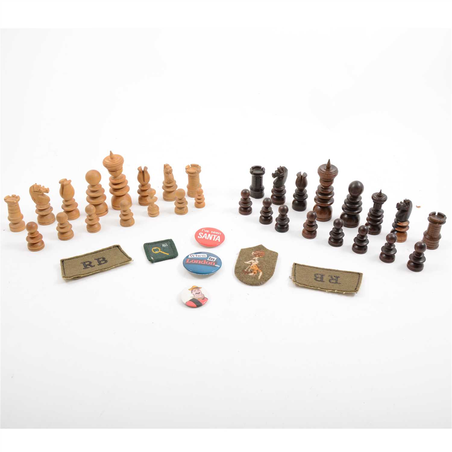 Lot 107 - Collection of vintage badges and pin badges, military buttons, postcards and part chess set.