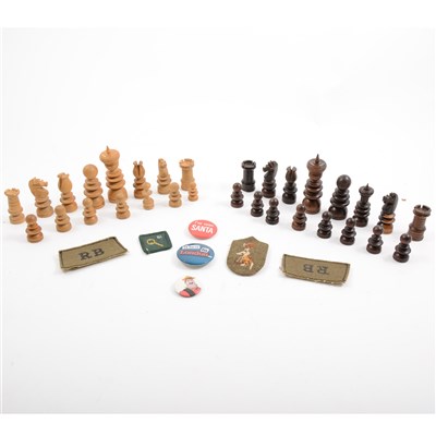 Lot 107 - Collection of vintage badges and pin badges, military buttons, postcards and part chess set.