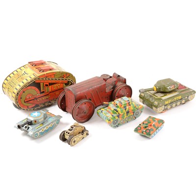 Lot 75 - Tin-plate tanks, including Marx Toys no.3 tank corps, Tri-ang tractor no.2 and others.