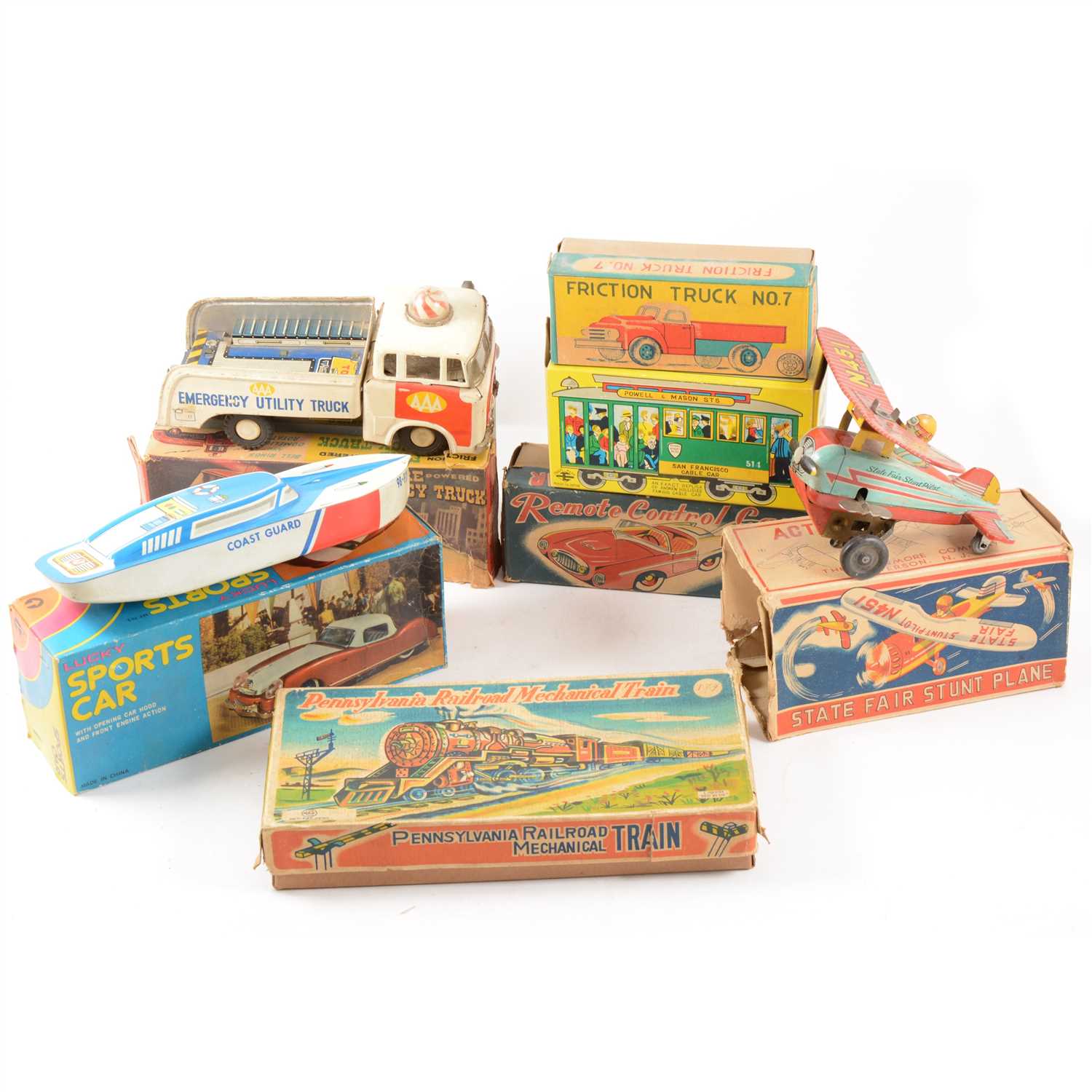Lot 72 - Tin-plate toys and vehicles; including friction fire emergency truck and others.