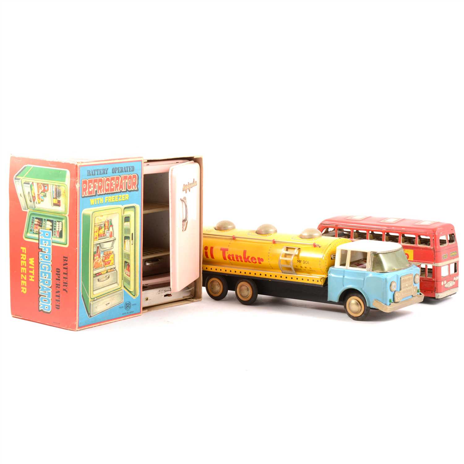 Lot 73 - Tin-plate toys; large trains, buses, fridge, furniture etc.