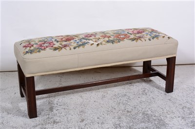 Lot 522 - Mahogany framed long stool, gros point floral needlework, upholstery, square moulded legs, 108cm, x 41cm.
