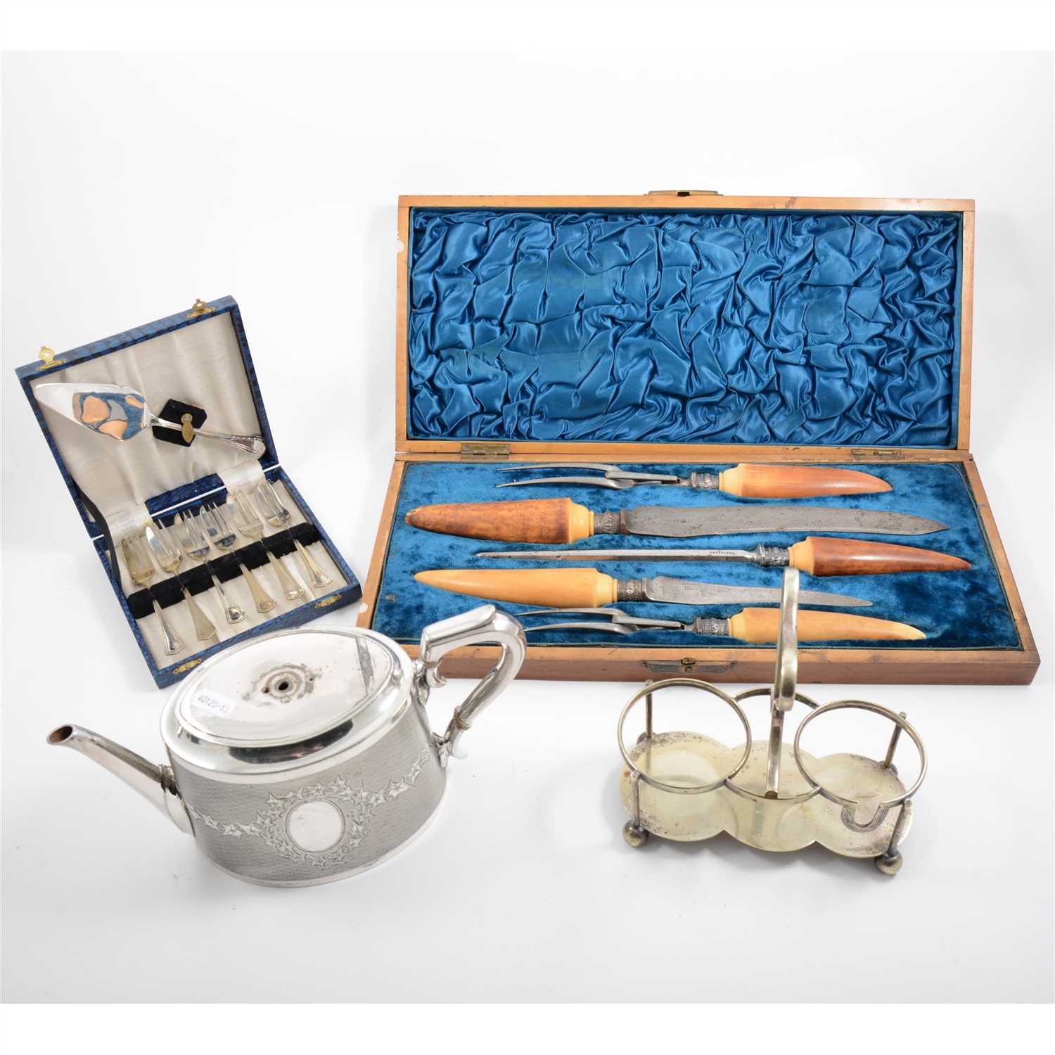 Lot 88 - A collection of silver-plated wares, including cased cutlery, bread basket, Britannia metal teapots, cased opera glasses etc.