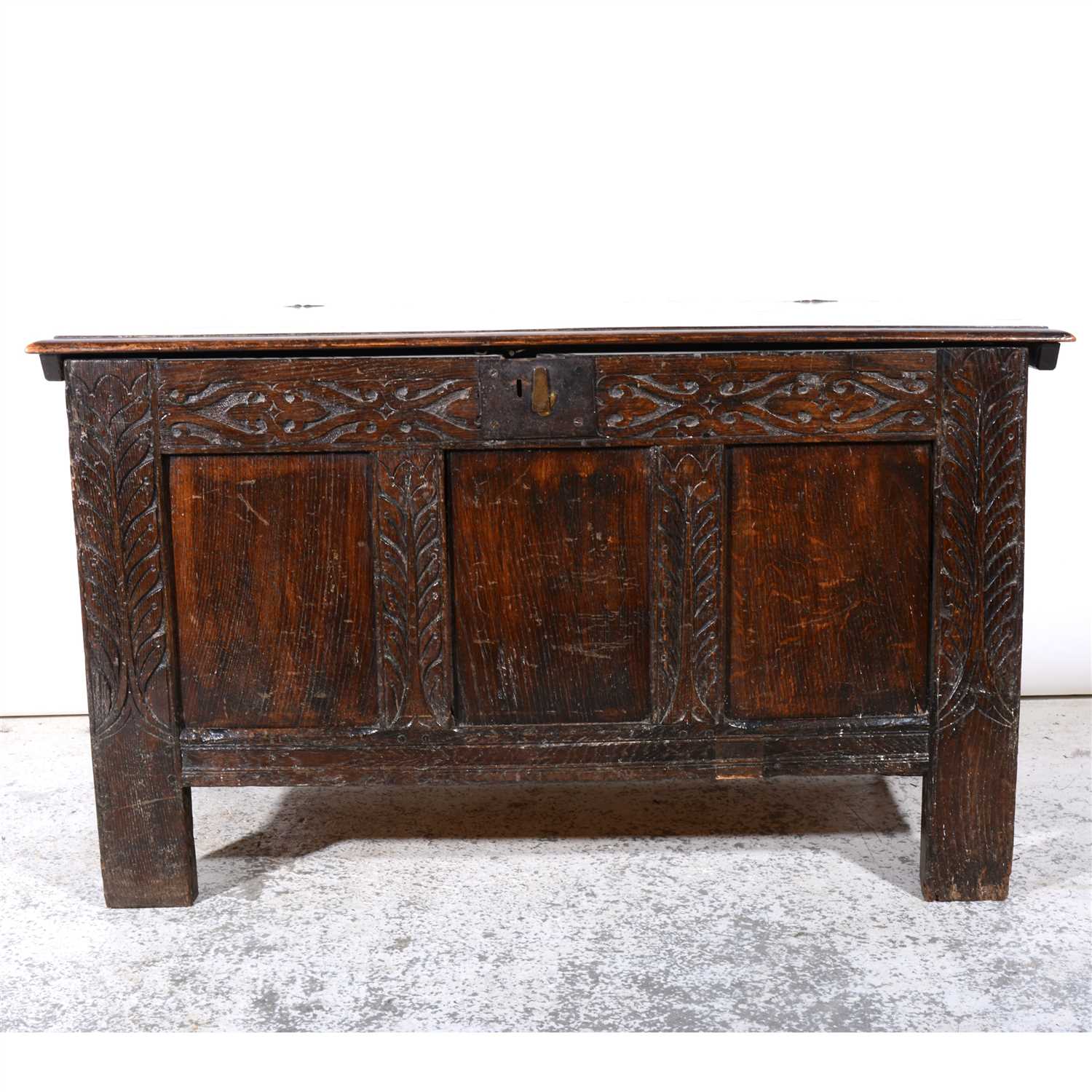 Lot 381 - Joined oak coffer, in part late 17th century