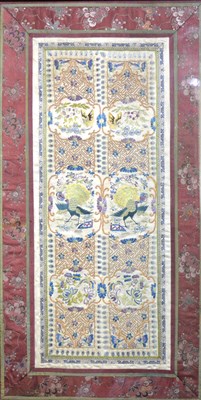 Lot 385 - Chinese silk panel, formed from two borders with later surround, designed with peacocks and butterflies with a floral guard, 66cm x 33cm, now framed and glazed.