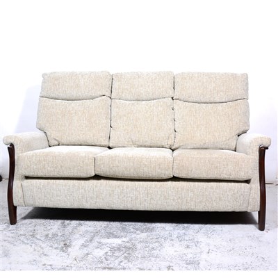 Lot 568 - Modern settee, matching armchair, dark beech frame, cloth upholstered, settee length 185cm.