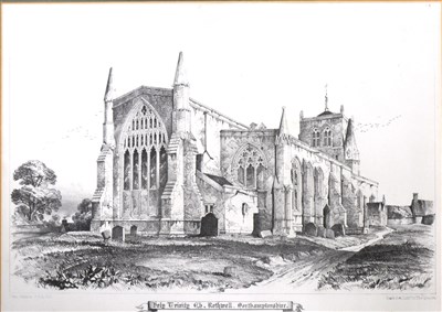 Lot 410 - After Johnson, monochrome print, Holy Trinity Church, Rothwell, 23cm x 33cm; another monochrome print, Kettering Church, another, Earls Barton Church; another, Little Addington Church,; and a...