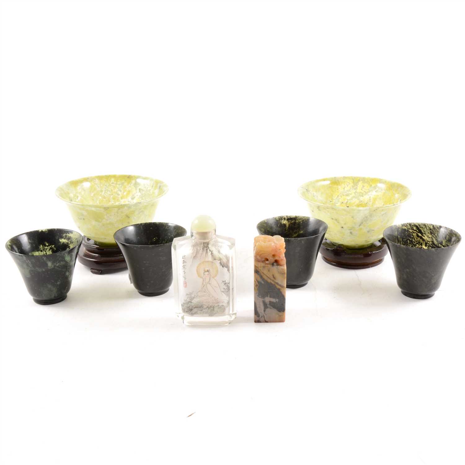 Lot 3 - Pair of Chinese variegated jade tea bowls, etc.