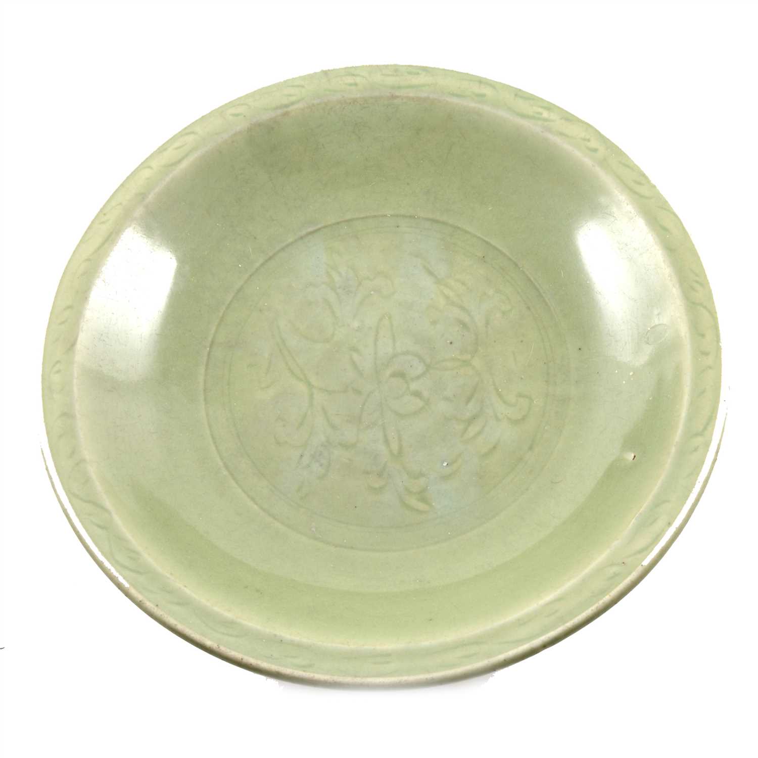 Lot 69 - Chinese celadon glazed basin, shallow dished form, incised with lotus flower and scrolls, 20th Century, daimeter 45cm.