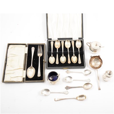 Lot 252 - A quantity of silver items, to include a three-piece Mappin and Webb cruet set, Birmingham 1959, a cased set of six teaspoons by James Dixon & Sons Ltd, Sheffield 1957, a cased spoon and fork set