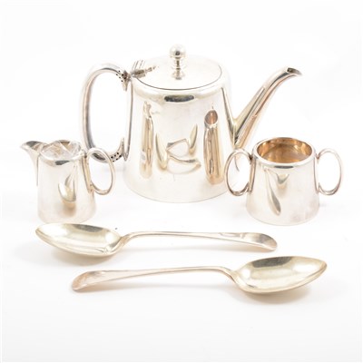 Lot 80 - Silver plated part canteen of cutlery, other flatware, and a three piece bachelor's teaset.