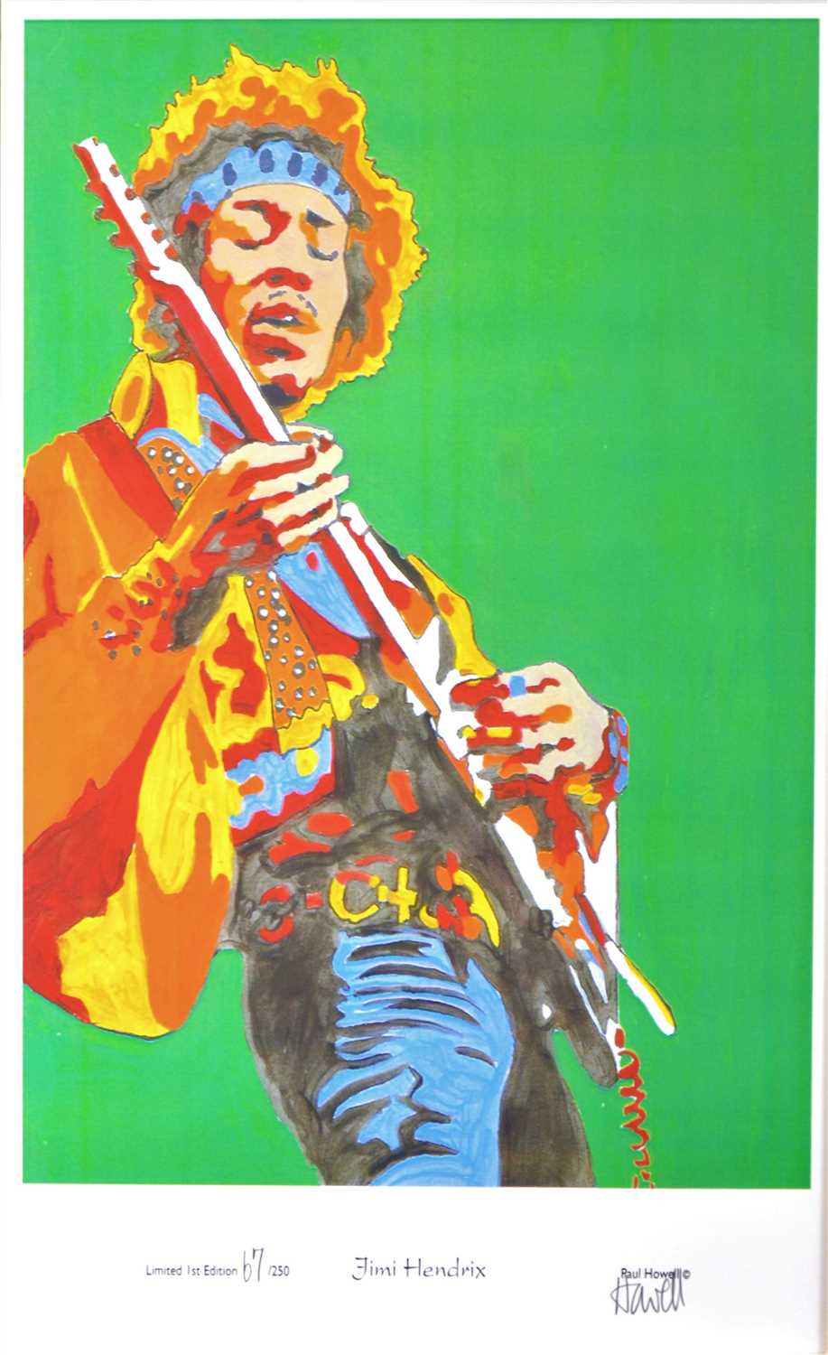 Lot 693 - Jimi Hendrix; limited edition print by Paul Howell 33.5cm by 27cm.
