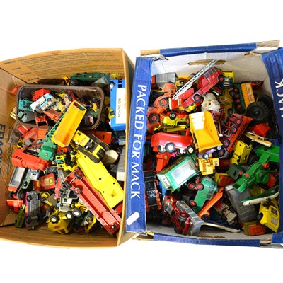 Lot 214 - Two boxes of loose die-cast models, cars and vehicles