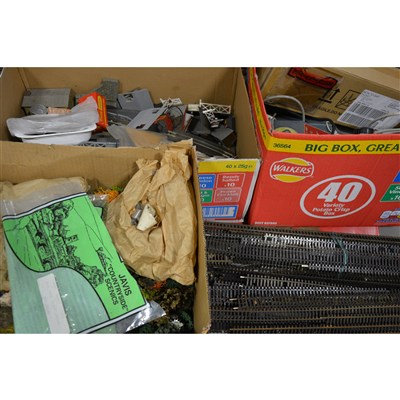 Lot 23 - Model railway accessories, card buildings, controllers and track, quantity in five boxes.