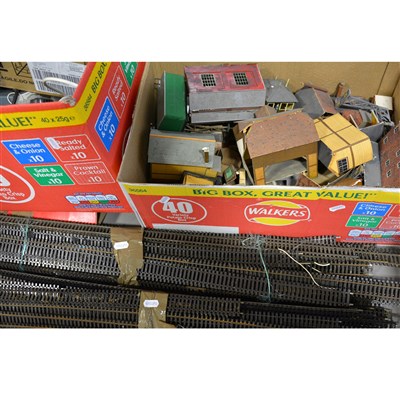 Lot 23 - Model railway accessories, card buildings, controllers and track, quantity in five boxes.