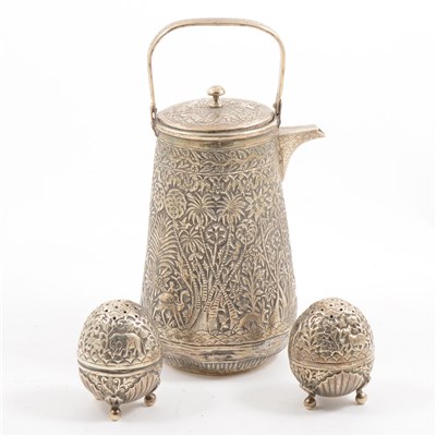 Lot 117 - Indian white metal hot water jug, and two white metal egg-shaped cruets