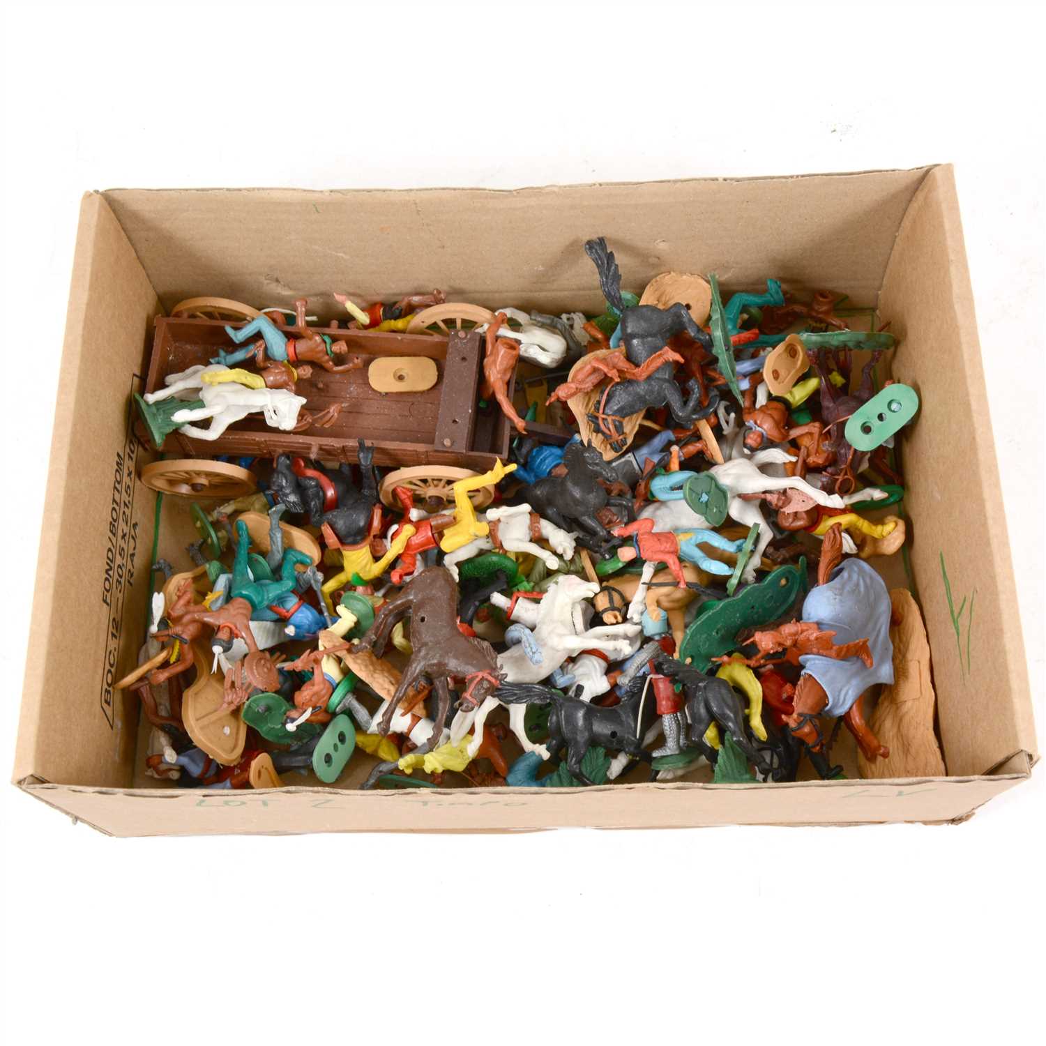 Lot 130 - AMENDMENT - THERE ARE TIMPO AND OTHER MAKERS IN THIS LOT NOT JUST TIMPO, Timpo Toys plastic figures; one box of Cowboy figures, horses, drawn cart, Native Americans, etc.