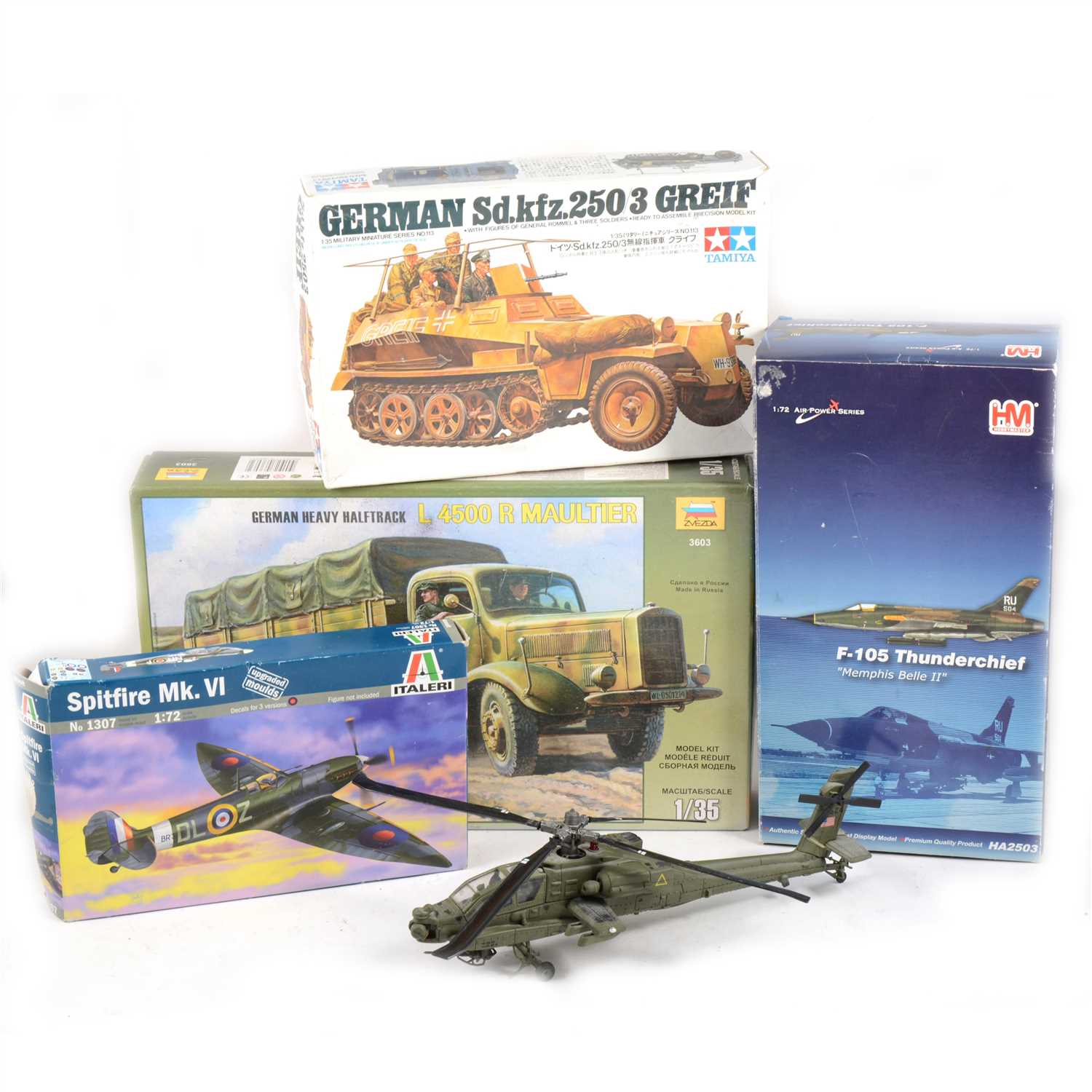 Lot 278 - Model kits and models; nine model kits including Tamiya, Italeri and Hobbymaster.