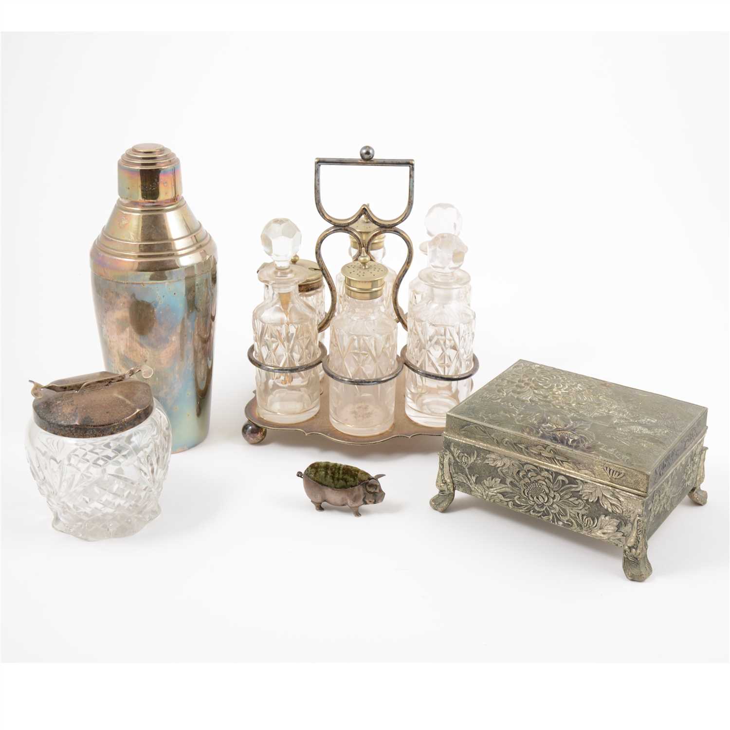 Lot 12 - A quantity of silver and silver-plated items, including a silver pig pin cushion (a/f)