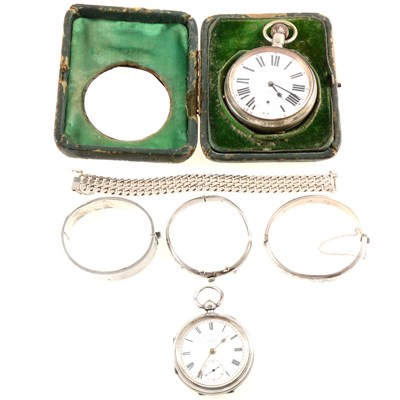 Lot 229 - Three silver bangles, a silver bracelet and two pocket watches.