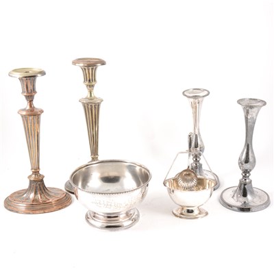 Lot 106 - A quantity of silverplate, to include two pairs of candlesticks