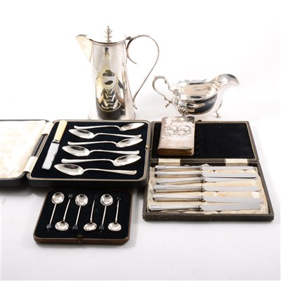Lot 112 - A quantity of silver and plated items, to include cased sets of silver-handled cake knives, coffee spoons etc.