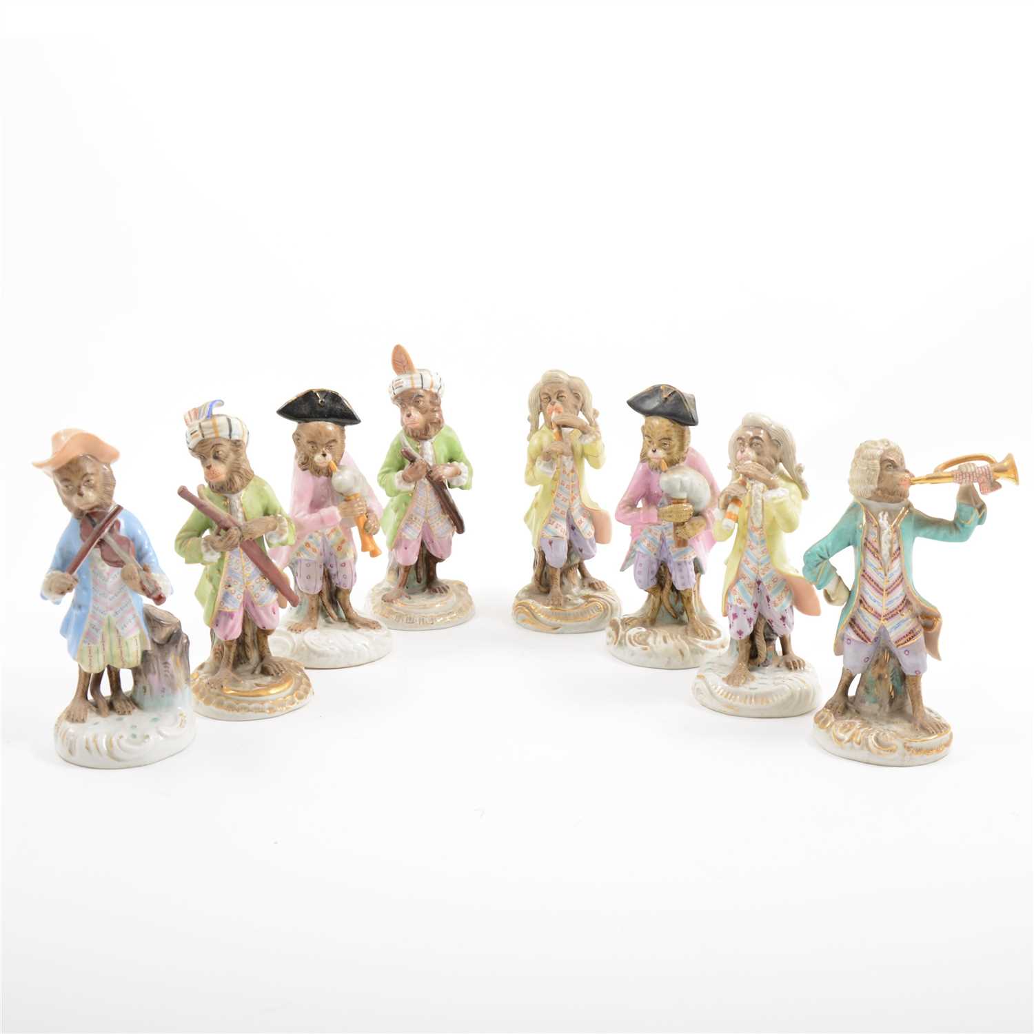 Lot 31 - Eight Dresden monkey band figures, early 20th Century