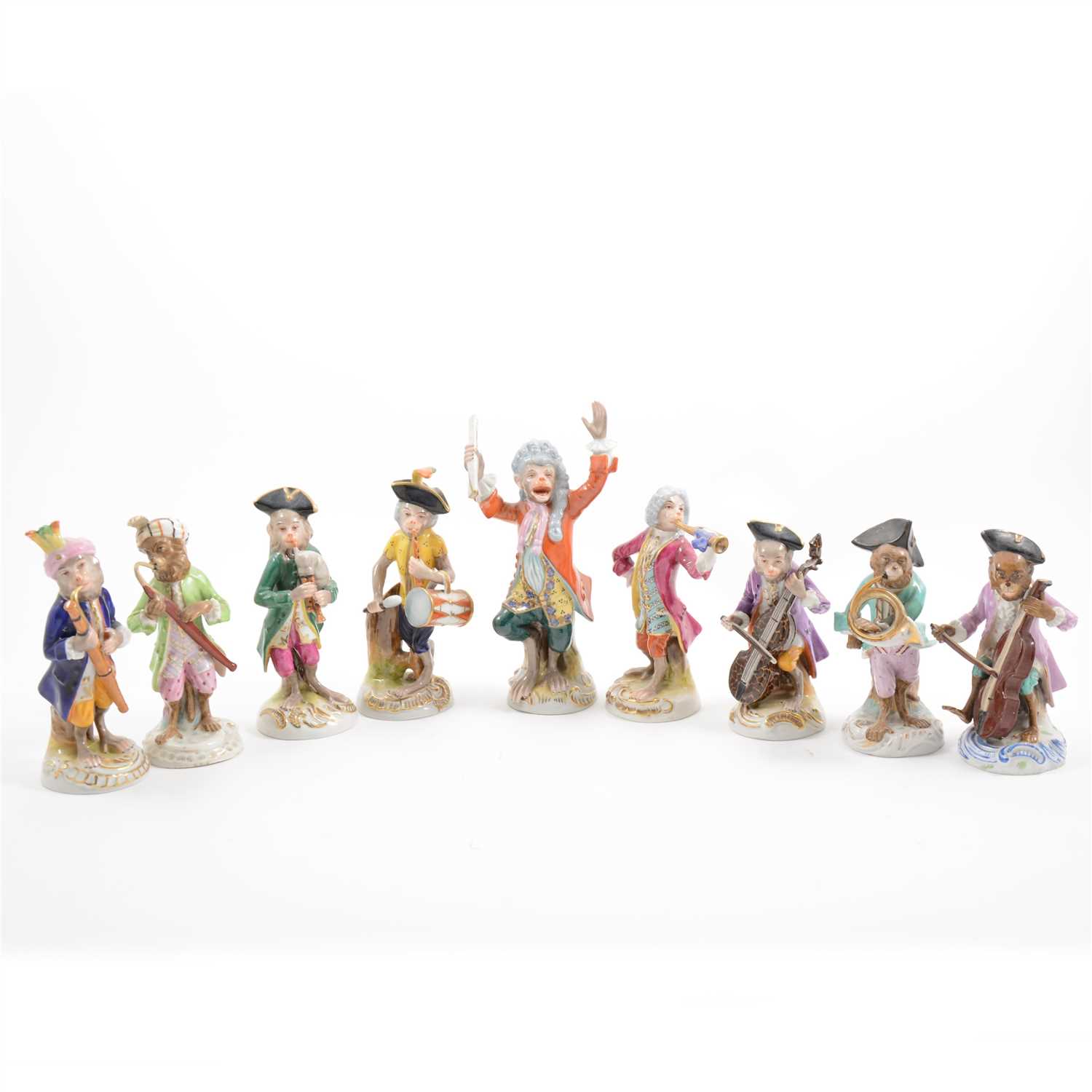 Lot 49 - AMENDMENT - (This is now the correct image) Nine Continental porcelain Monkey Orchestra figures, 20th Century