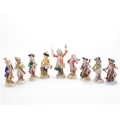 Lot 49 - AMENDMENT - (This is now the correct image) Nine Continental porcelain Monkey Orchestra figures, 20th Century