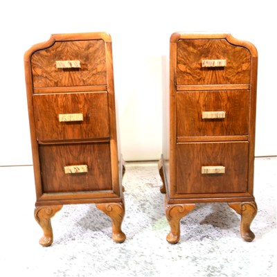 Lot 281 - A pair of Art Deco period walnut and burr walnut bedside pedestals, ...