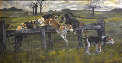 Lot 257 - Jean Terry, Hounds jumping a fence, ...