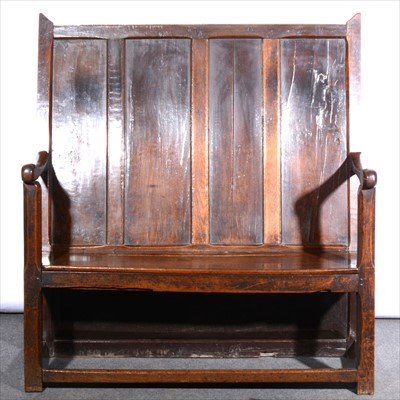 Lot 822 - Joined oak high back settle, Northern counties, basically late 18th century.