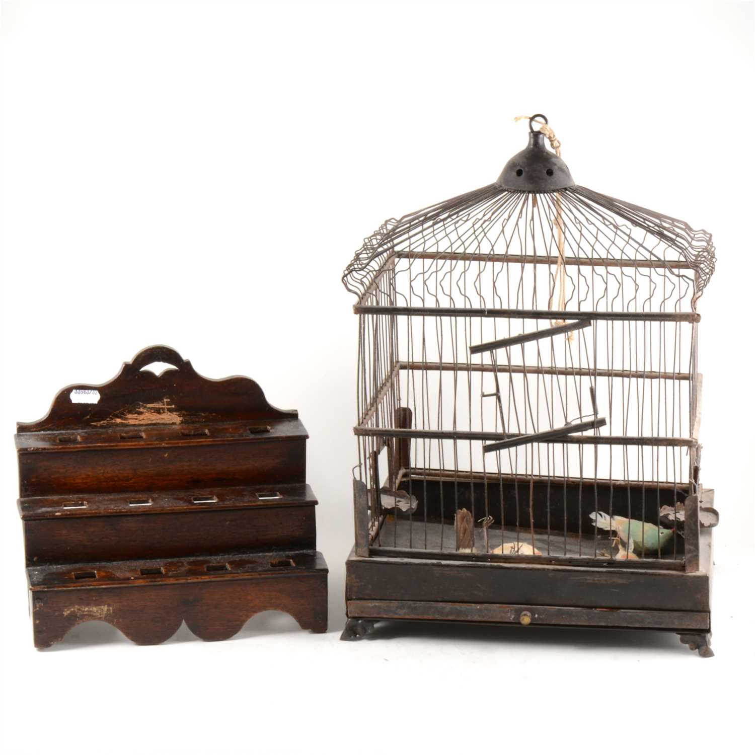 Lot 133 - 18th Century oak spoon rack, plus metal bird cage.