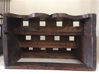 Lot 133 - 18th Century oak spoon rack, plus metal bird cage.