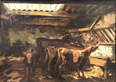 Lot 372 - George Holland, Calves in a stable, oil on board.