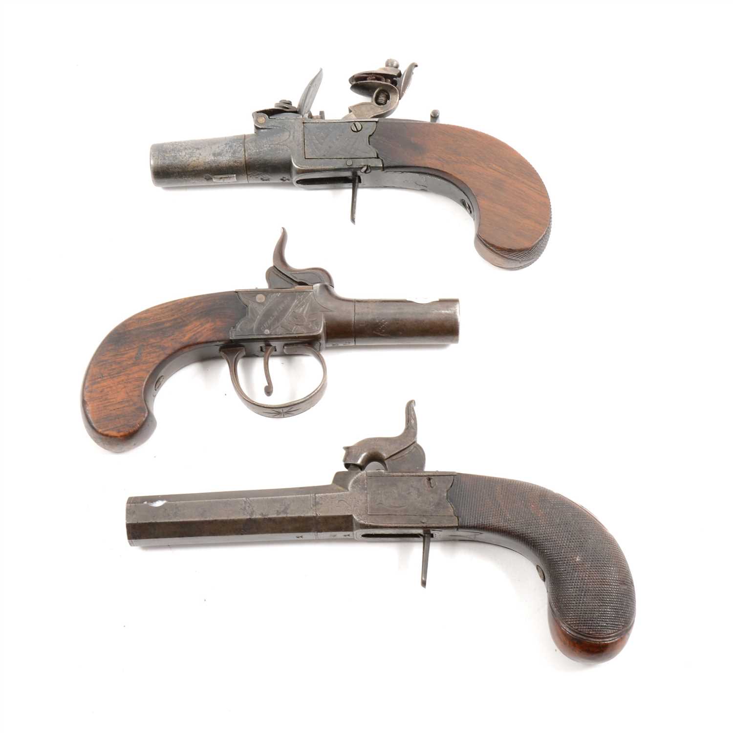 Lot 140 - Three pocket pistols, including a flintlock by Sharratt, London, box percussion, by Leech, Chelmsford; and one by  Wm. Powell.