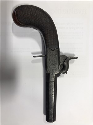 Lot 140 - Three pocket pistols, including a flintlock by Sharratt, London, box percussion, by Leech, Chelmsford; and one by  Wm. Powell.