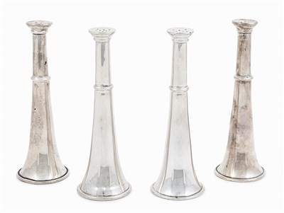 Lot 104 - Four silver novelty condiments, designed as hunting horns, Walker and Hall, Sheffield 1925