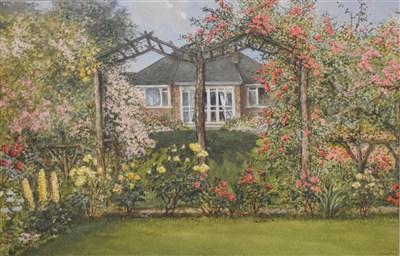 Lot 373 - Albert H Findley, Summer Garden, with a rose trellis, ..