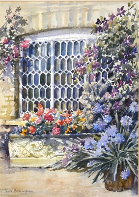 Lot 282 - Sheila Buckingham, Flowers by a window,, watercolour, and other decorative pictures and prints.