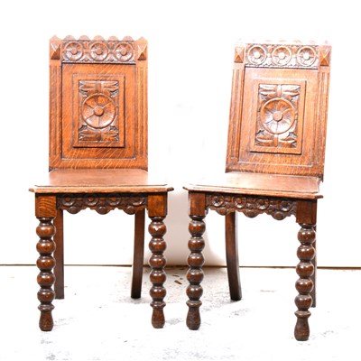 Lot 369 - Pair of Victorian oak hall chairs