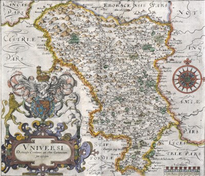 Lot 239 - Guliel Hole after Christopher Saxton, "Universi Derbiensis Comitatus qui olim Coritanorum fuit descriptio", hand-coloured county map, 28 x 31.2cm.