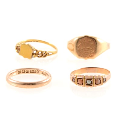 Lot 210 - Four gold rings, an 18 carat yellow gold signet ring approximate weight 3gms