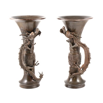 Lot 147 - A pair of Japanese Meiji period bronze trumpet vases