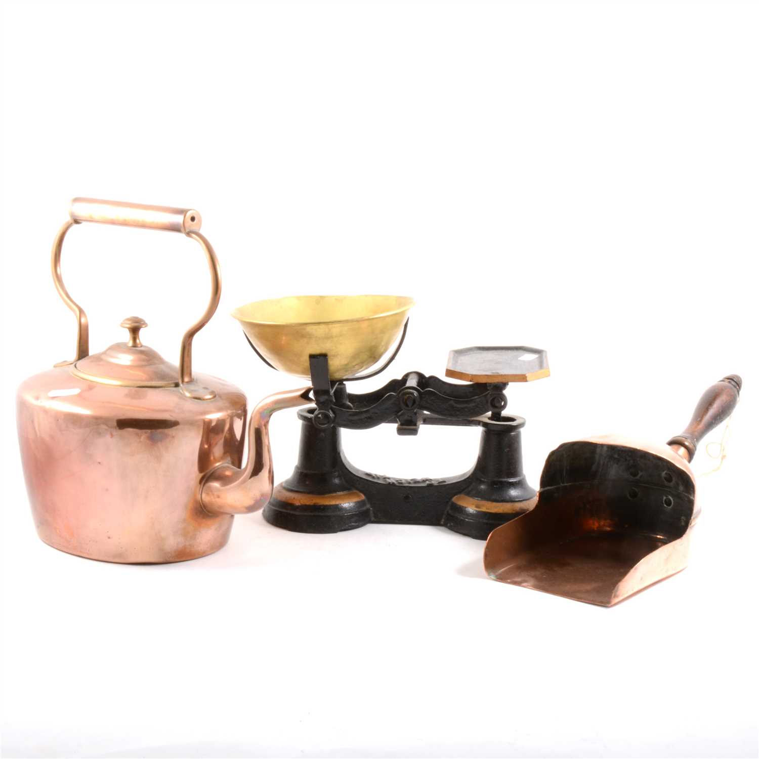 Lot 83 - A Victorian copper kettle, bras weights, and metalwares