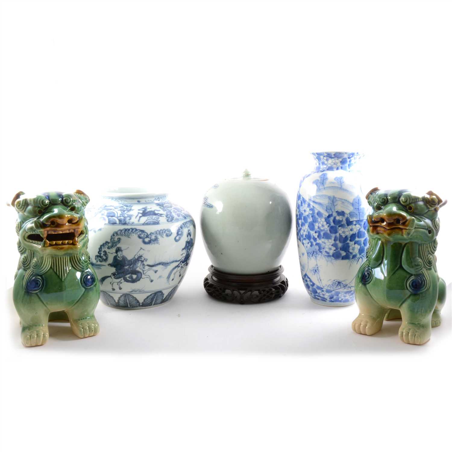 Lot 63 - Chinese Wanli style blue and white jar, and other Chinese ceramics, and a pair of temple lions