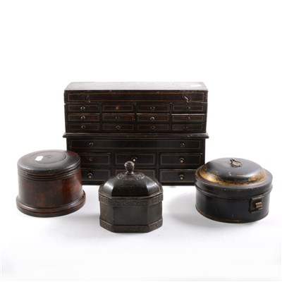 Lot 85 - A nest of miniature pharmacy-style drawers, a spice tin, wig stand, etc