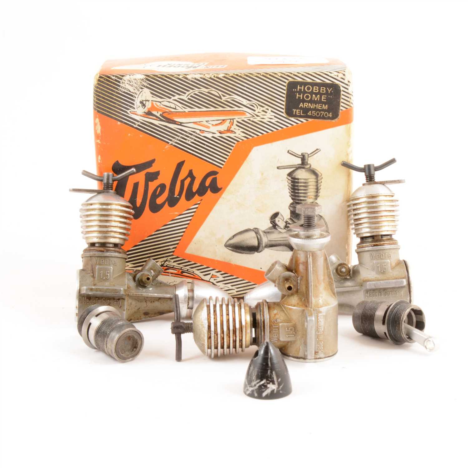 Lot 38 - 3 x Webra 1.5cc diesels with two spare piston liner assemblies, boxed.