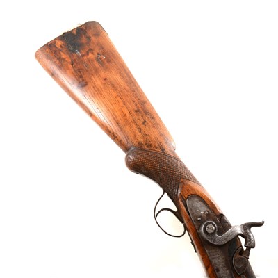 Lot 205 - Percussion action gun, 86cm barrel, wooden three-quarter stock.