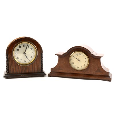 Lot 132 - Edwardian inlaid mahogany mantel clock, and an oak mantel clock.